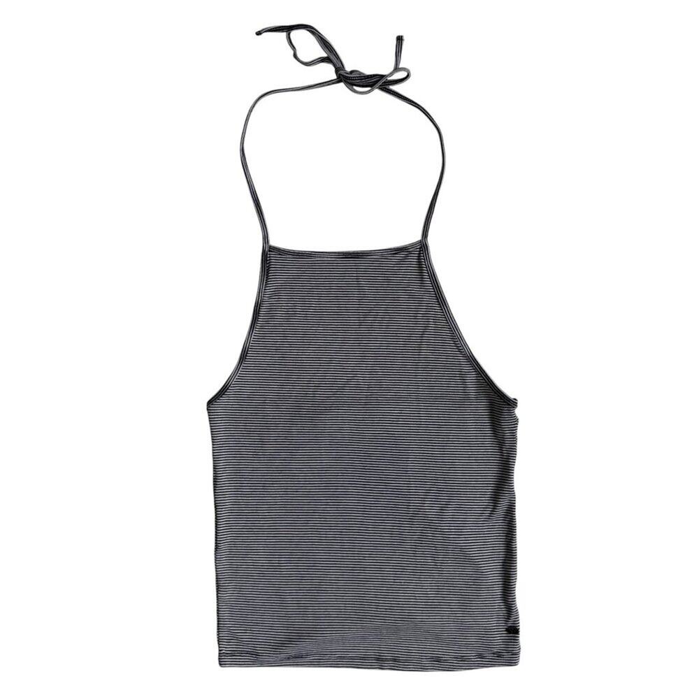 AEO First Essentials Striped Tie-Neck Halter Tank Top (Black & White) - Small